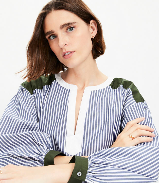 Colorblock Striped Poplin Split Neck Blouse