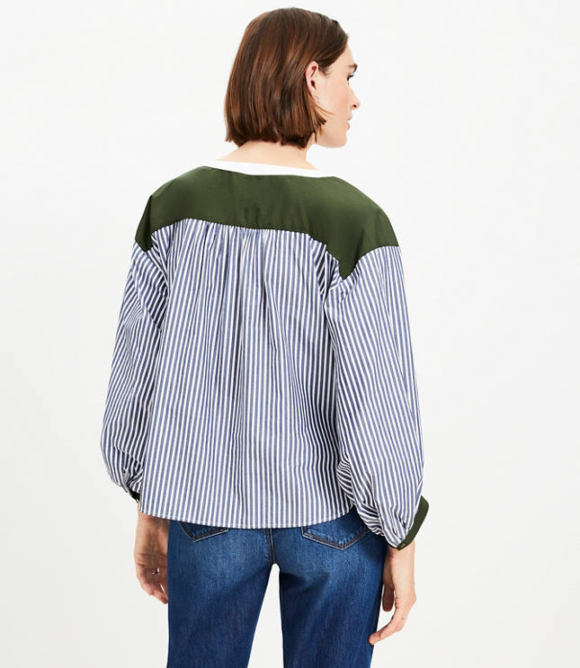 Colorblock Striped Poplin Split Neck Blouse - image 3