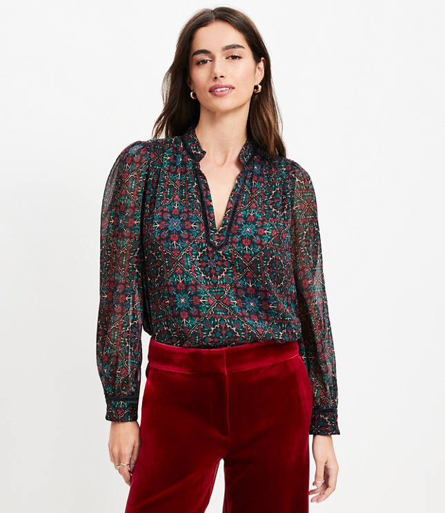 Velvet Trim Ornamental Floral Split Neck Blouse