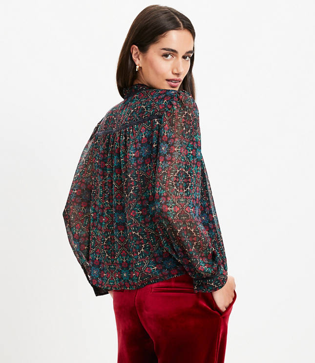 Velvet Trim Ornamental Floral Split Neck Blouse - image 3