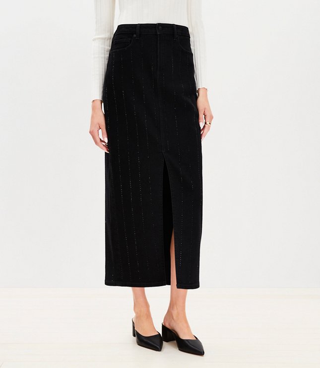 Petite Sparkle Pinstripe Denim Midi Skirt in Washed Black