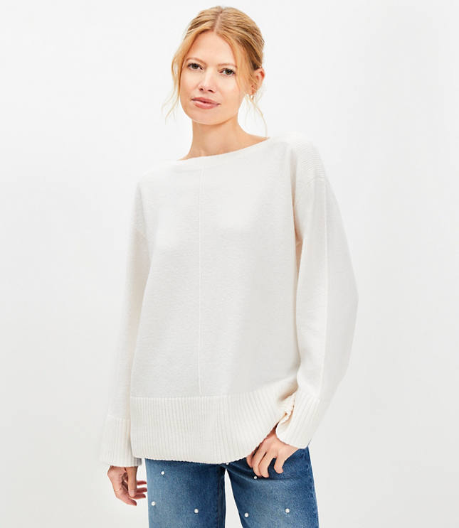 Ribtrim Boatneck Tunic Sweater - Whisper White