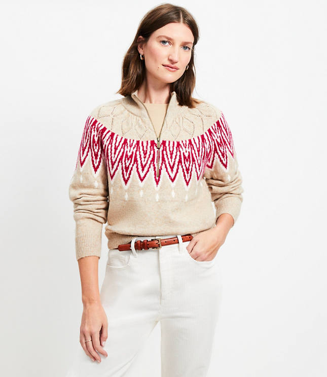 Pointelle Fair Isle Half Zip Sweater