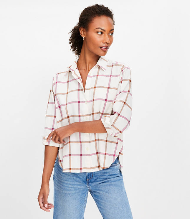 Loft Petite Plaid Cotton Flannel Everyday Relaxed Pocket Shirt