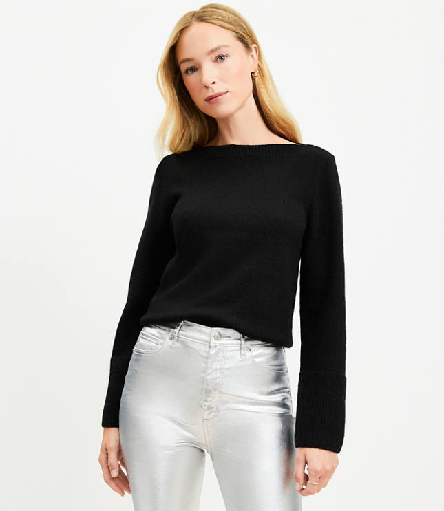 Petite Boatneck Ribtrim Flare Sleeve Sweater