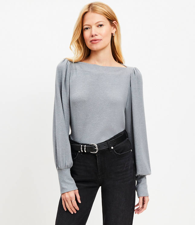 Heathered Puff Sleeve Boatneck Top