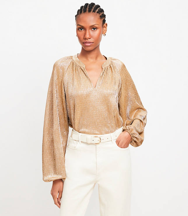 Petite Metallic Pleated Split Neck Top