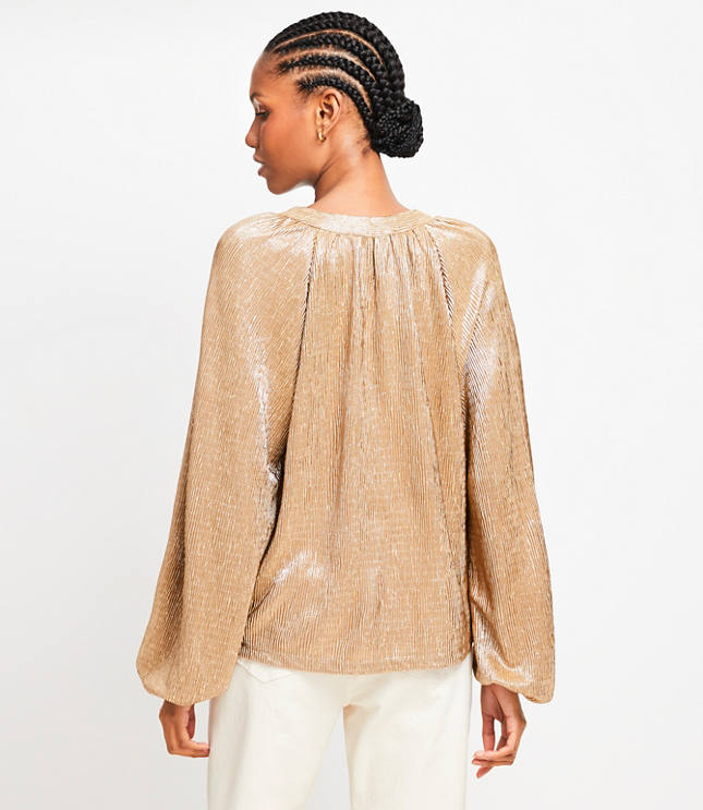 Petite Metallic Pleated Split Neck Top