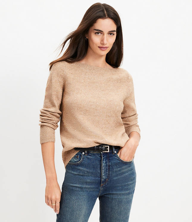 Petite Sequin Boatneck Ribtrim Flare Sleeve Sweater