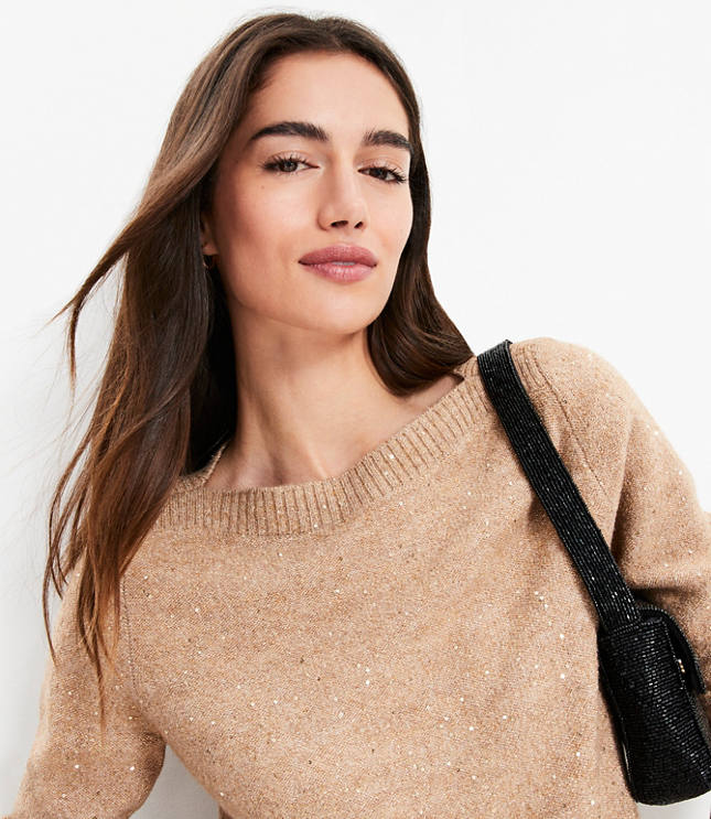 Petite Sequin Boatneck Ribtrim Flare Sleeve Sweater