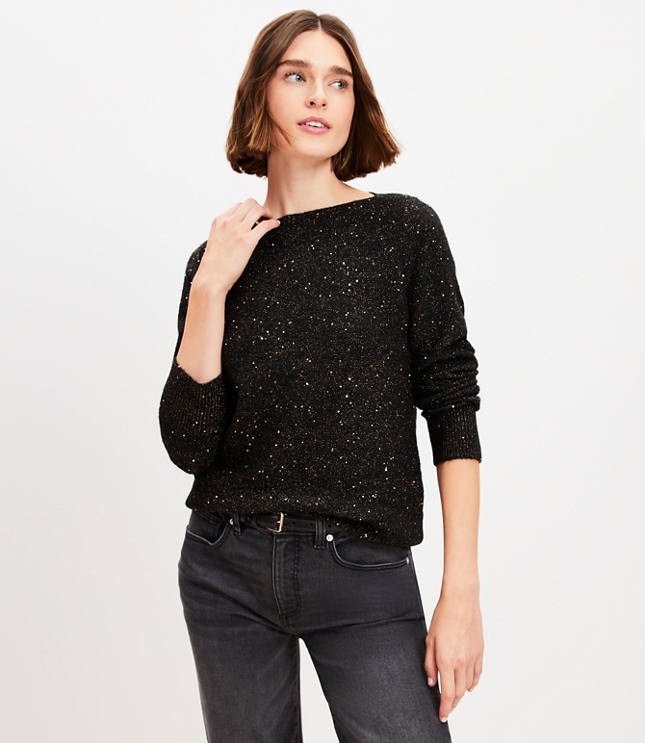 Petite Sequin Boatneck Ribtrim Flare Sleeve Sweater