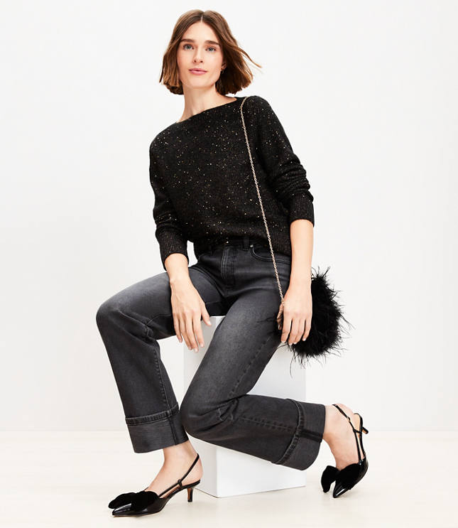 Petite Sequin Boatneck Ribtrim Flare Sleeve Sweater