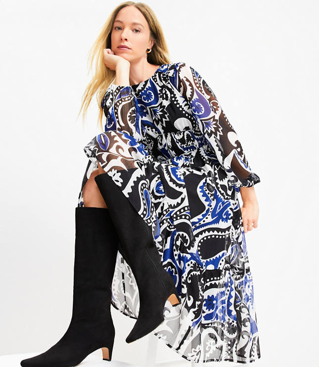 Paisley Shirred Flounce Midi Dress