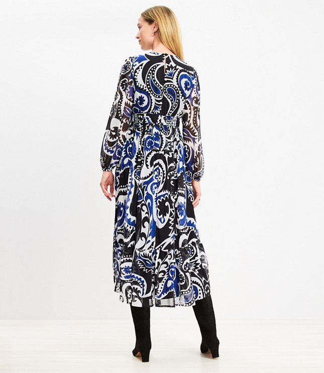 Paisley Shirred Flounce Midi Dress