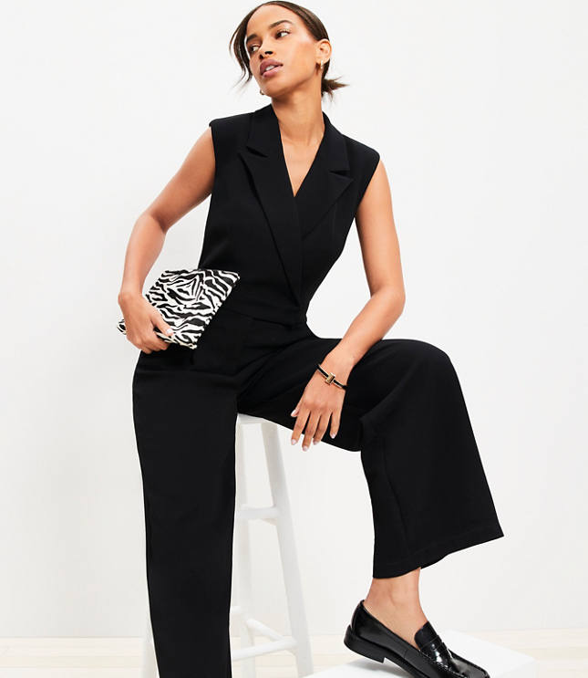 Petite Crepe Lapel Jumpsuit - Black