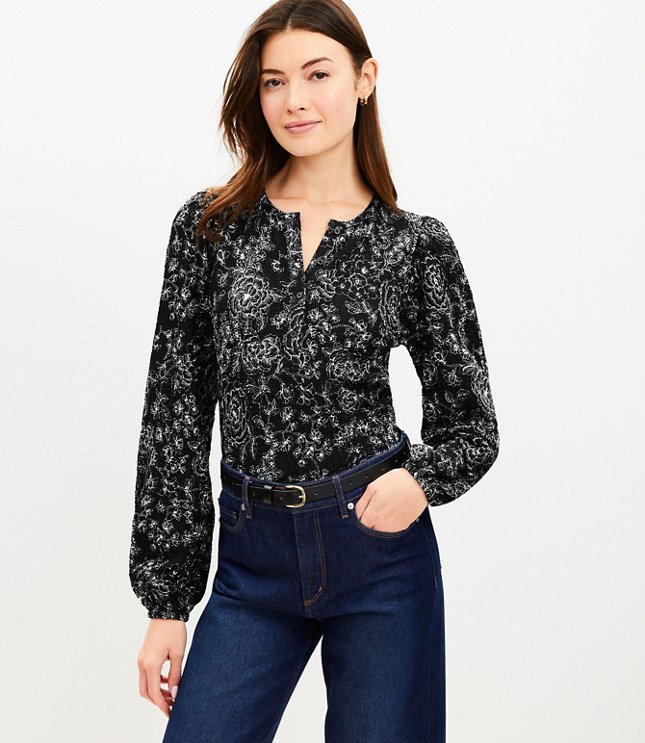 Etched Floral Crinkle Henley Top