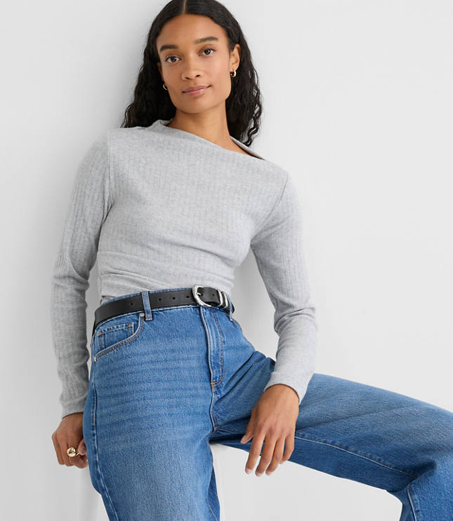 Petite Heathered Cozy Ribbed Asymmetric Neck Top