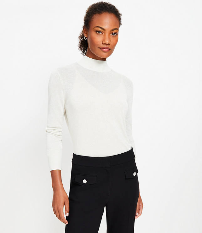 Petite Shimmer Sheer Mock Neck Sweater