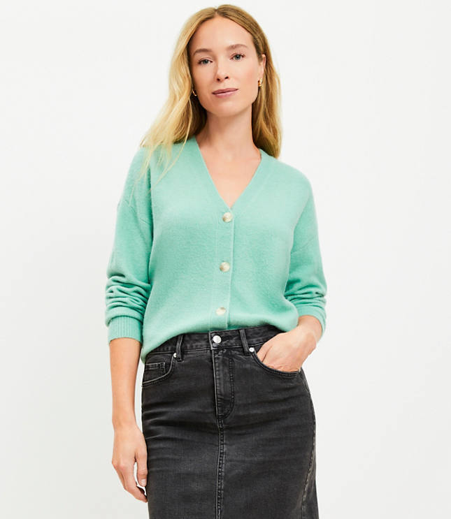 Fuzzy V-Neck Cardigan - Bold Mint