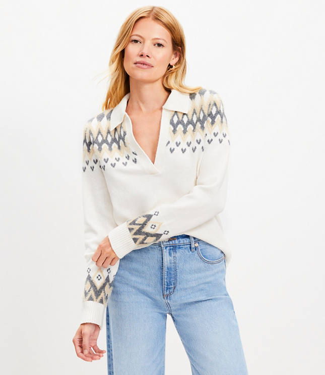 Petite Fair Isle Collared Split Neck Sweater