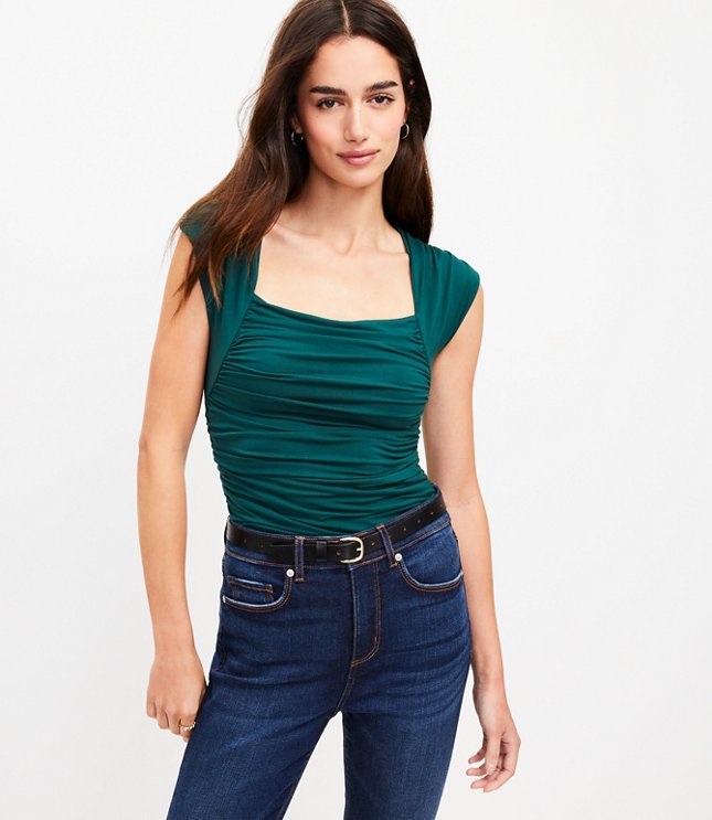 Shirred Cap Sleeve Square Neck Top - Emerald Essence