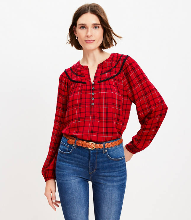 Petite Plaid Stitched Yoke Blouse