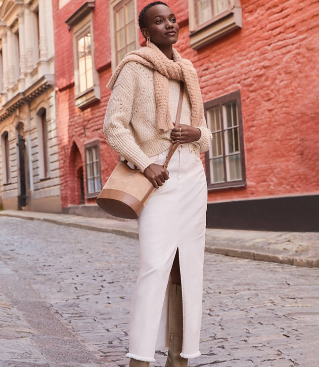 Frayed Denim Maxi Skirt Ivory