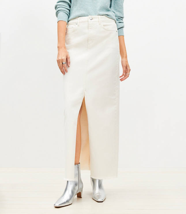 Frayed Denim Maxi Skirt in Ivory