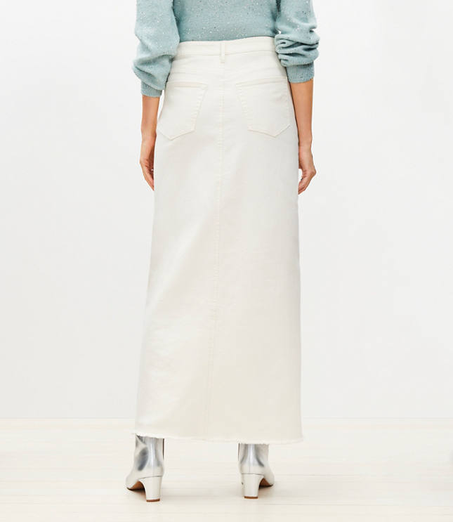 Frayed Denim Maxi Skirt in Ivory