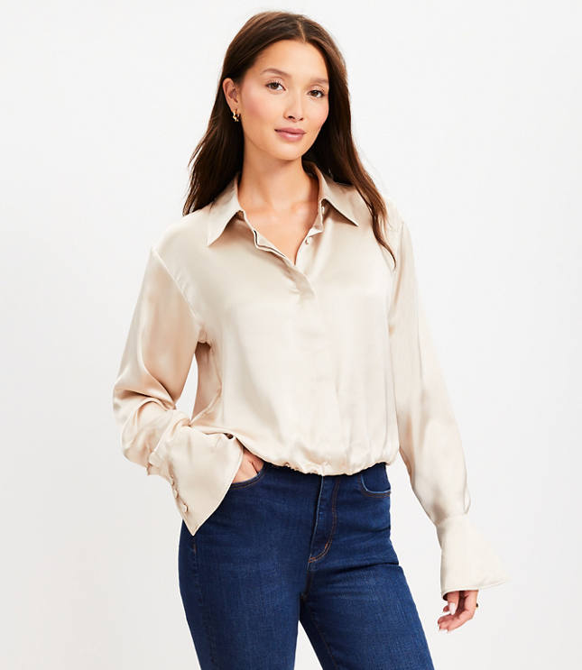 Satin Bubble Hem Bell Sleeve Shirt