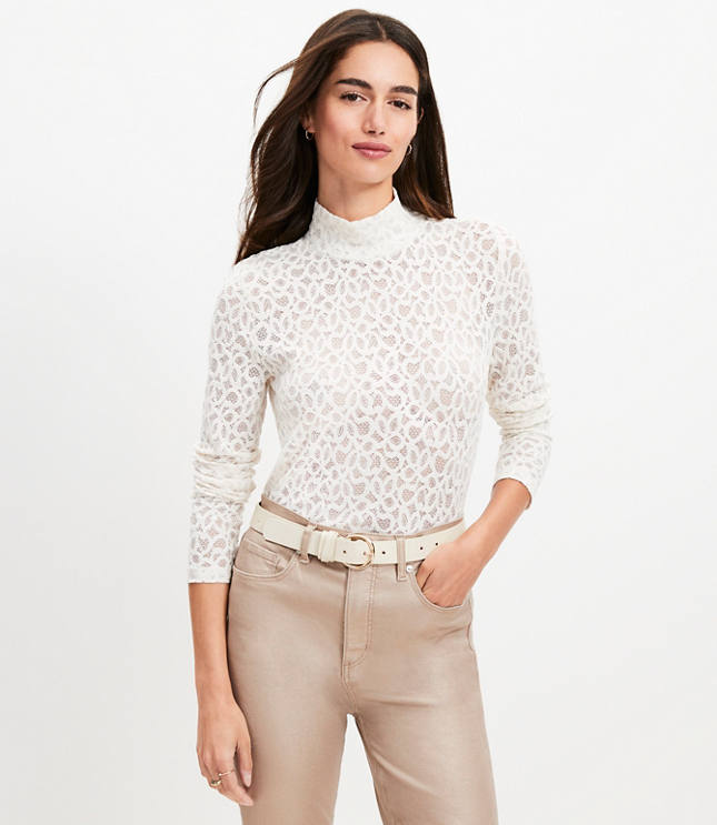 Petite Lace Long Sleeve Turtleneck Top