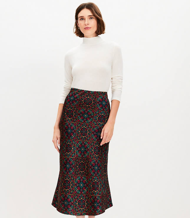 Petite Ornamental Floral Satin Bias Midi Skirt