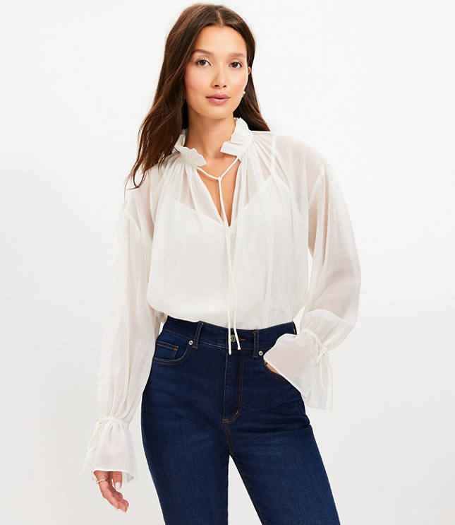 Petite Chiffon Ruffle Tie Neck Blouse