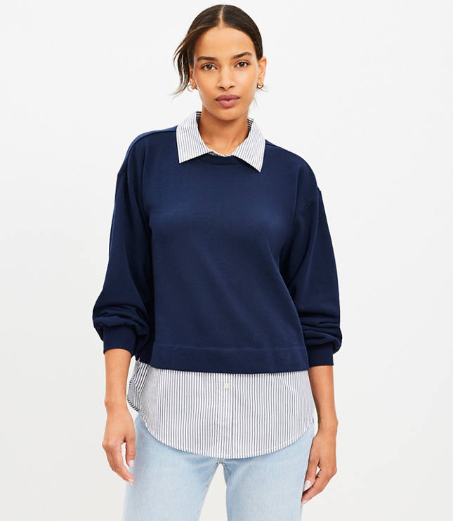 Petite Stripe Poplin Layered Mixed Media Sweatshirt