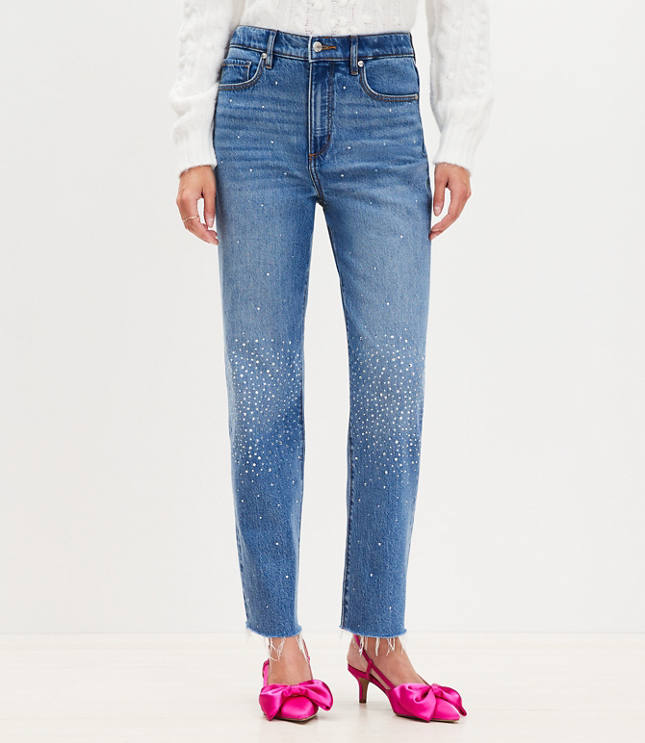 Petite Sparkle Fresh Cut High Rise Straight Jeans in Classic Mid Wash