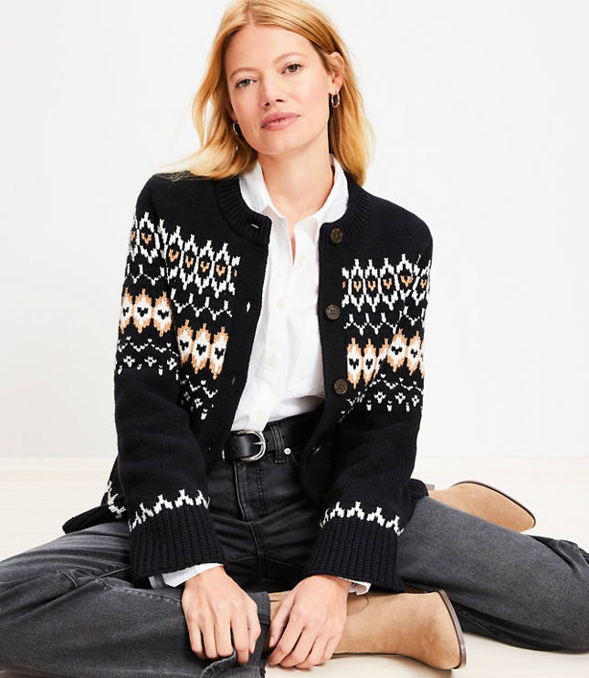 Petite Fair Isle Waisted Patch Pocket Cardigan