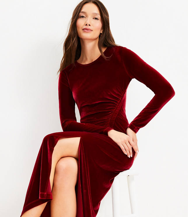 Petite Shirred Velvet Midi Dress