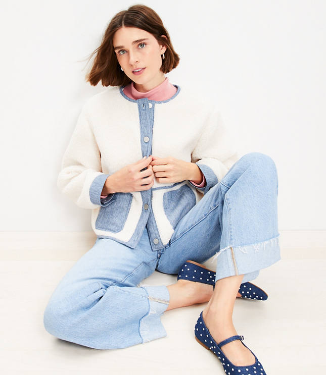 Petite Denim Trim Sherpa Jacket carousel Product Image 2