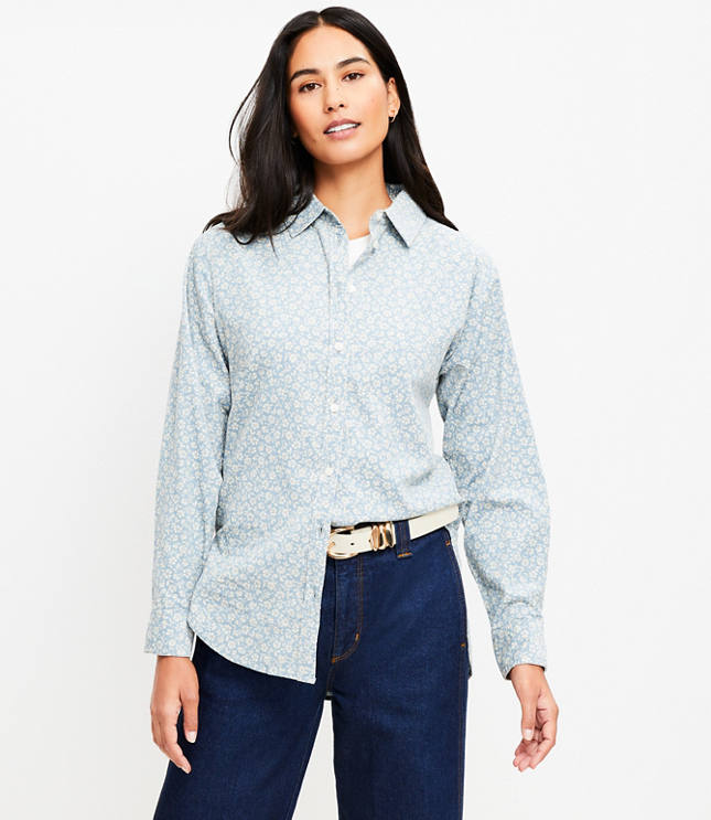 Floral Corduroy Angled Cuff Tunic Shirt