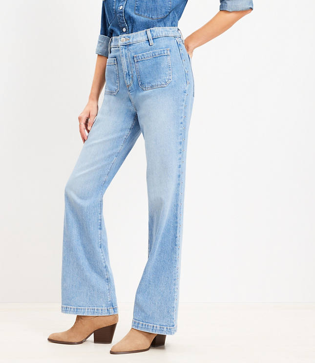 Petite Patch Pocket High Rise Relaxed Flare Jeans in Light Vintage Indigo Wash