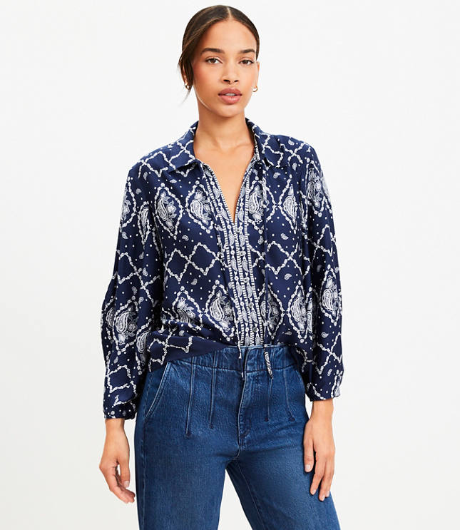 Paisley Seamed Sleeve Tie Neck Blouse