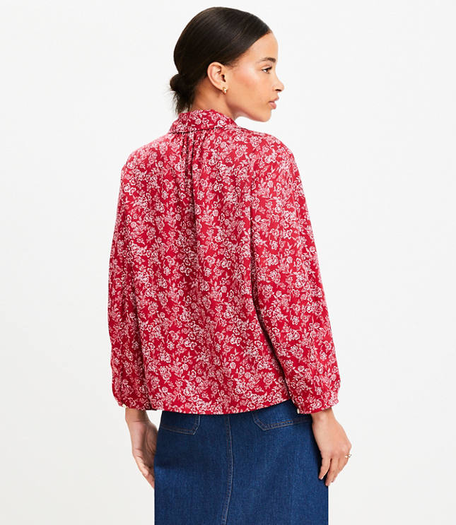 Floral Seamed Sleeve Tie Neck Blouse