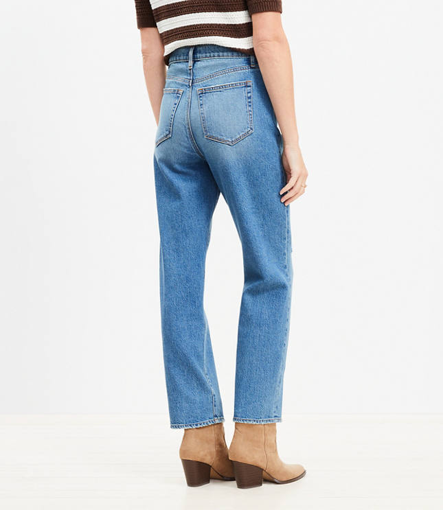 Destructed High Rise Straight Jeans in Dark Vintage Wash