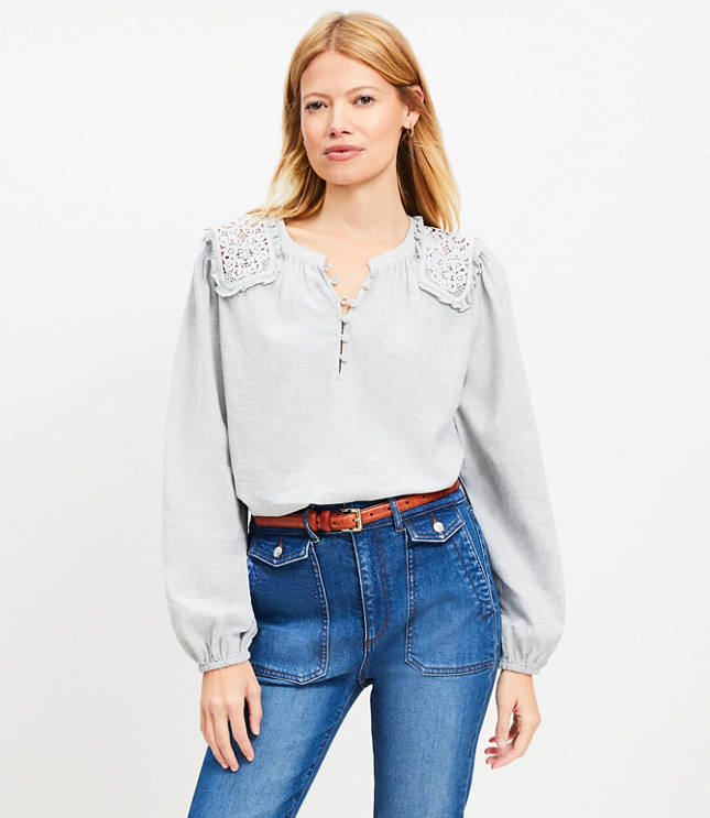 Petite Lace Shoulder Henley Blouse