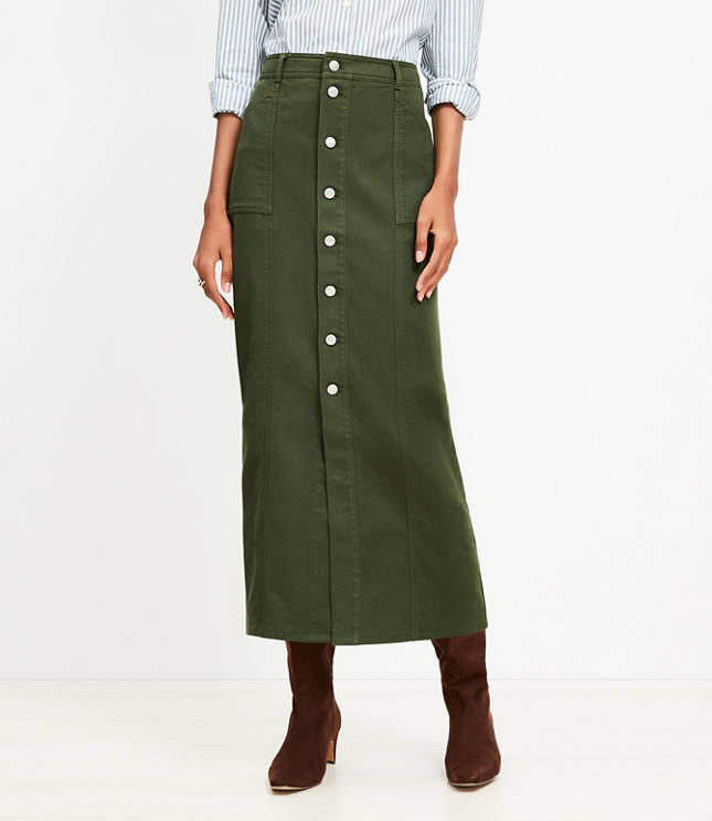 Twill Button Pocket Midi Skirt