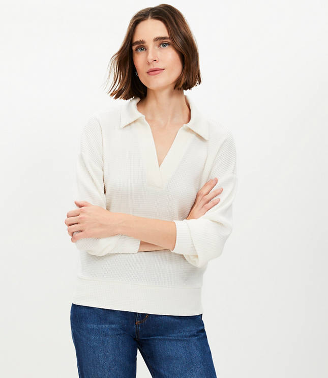 Waffle Collared V-Neck Top