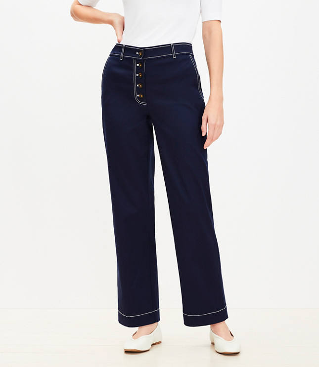 Button Front Straight Pants Twill