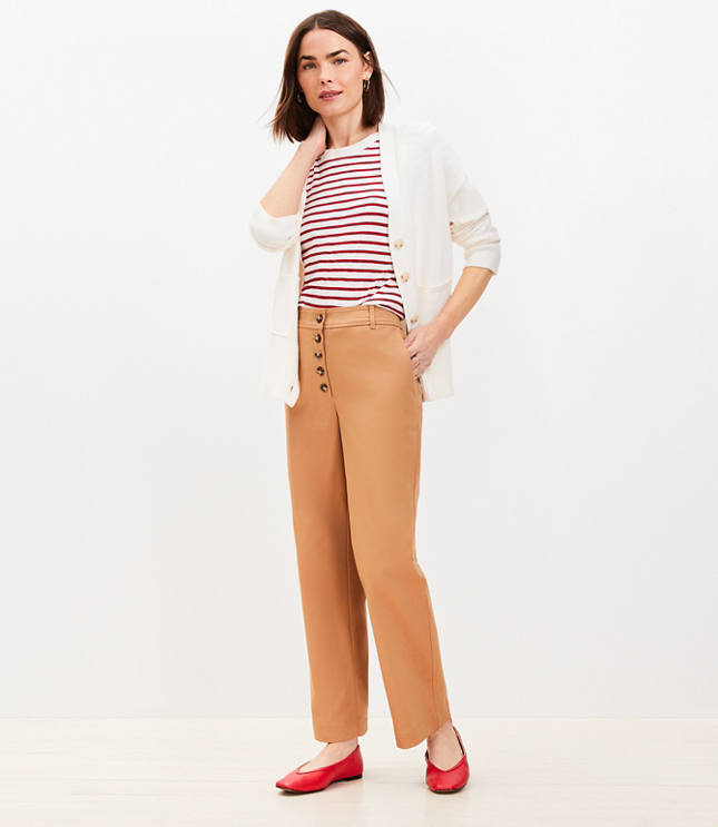 Button Front Straight Pants Twill