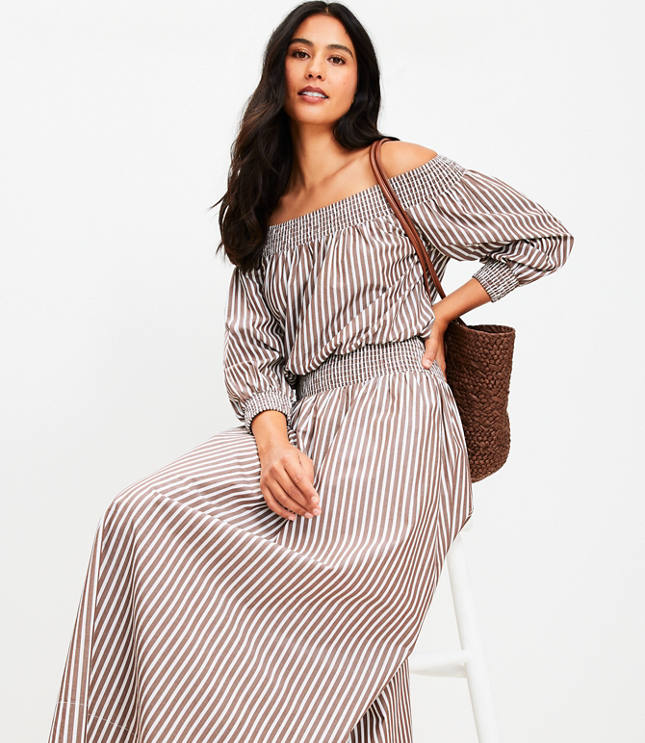 LOFT Beach Striped Poplin Smocked Off The Shoulder Top