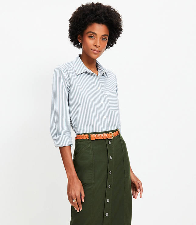 Petite Striped Cotton Poplin Everyday Relaxed Pocket Shirt